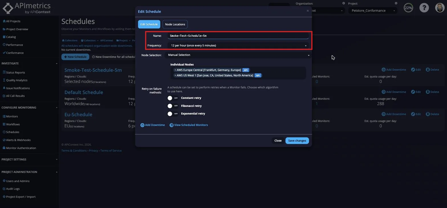 Edit Schedule dialog with fields for the schedule name and run frequency