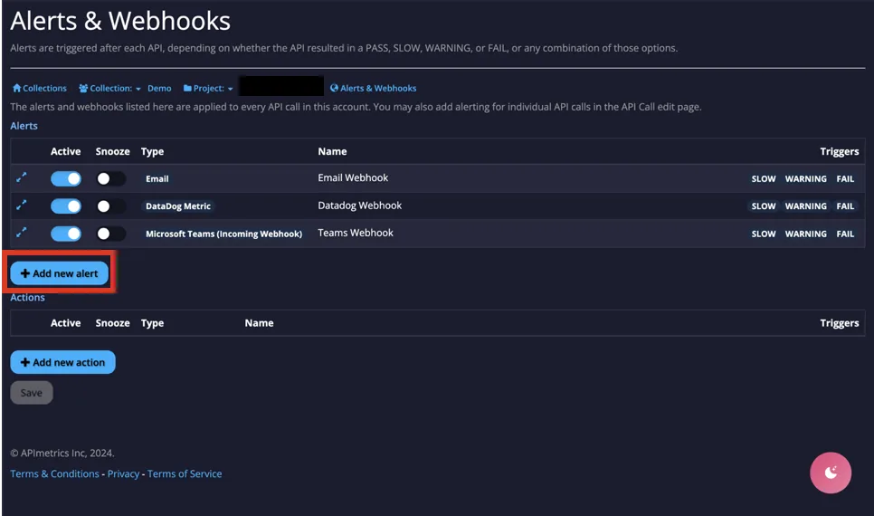 Alerts list with the Add new alert button highlighted