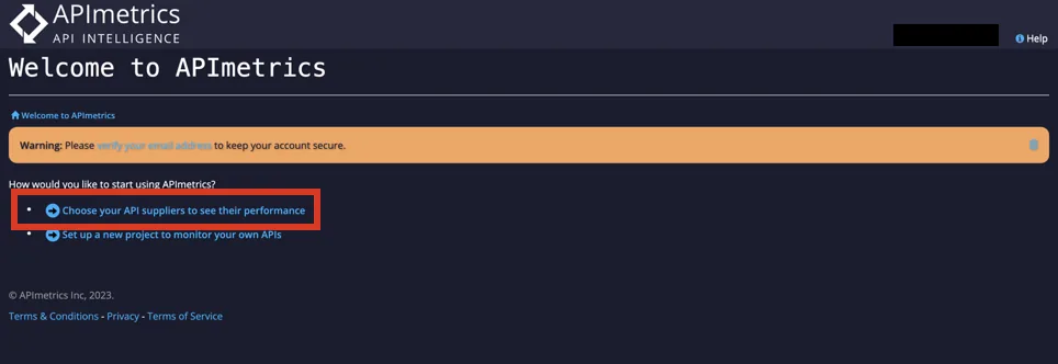 Welcome to APImetrics page with Choose your API suppliers to see their performance highlighted