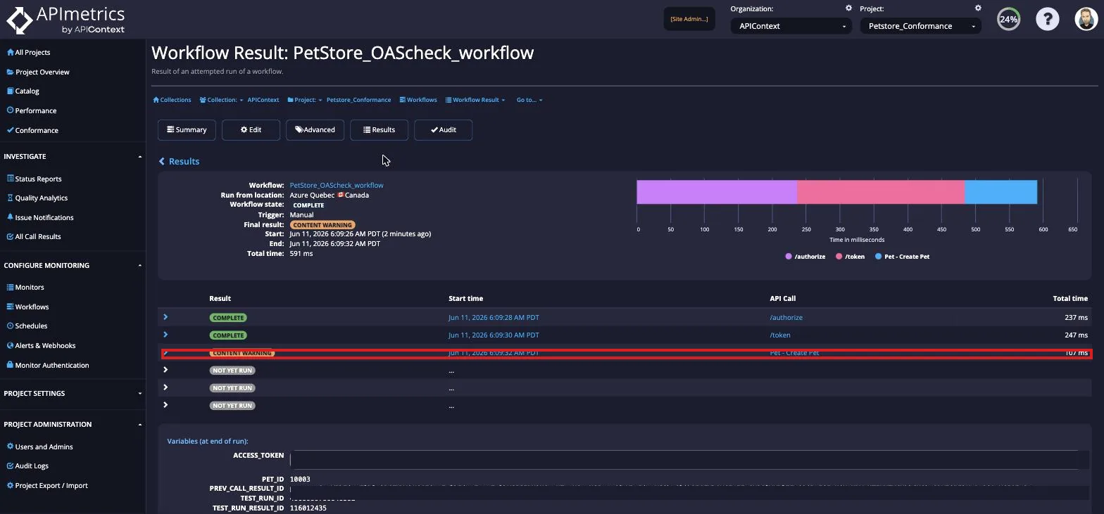 Detailed workflow result showing run location, timing breakdown bar, and per-monitor API call results