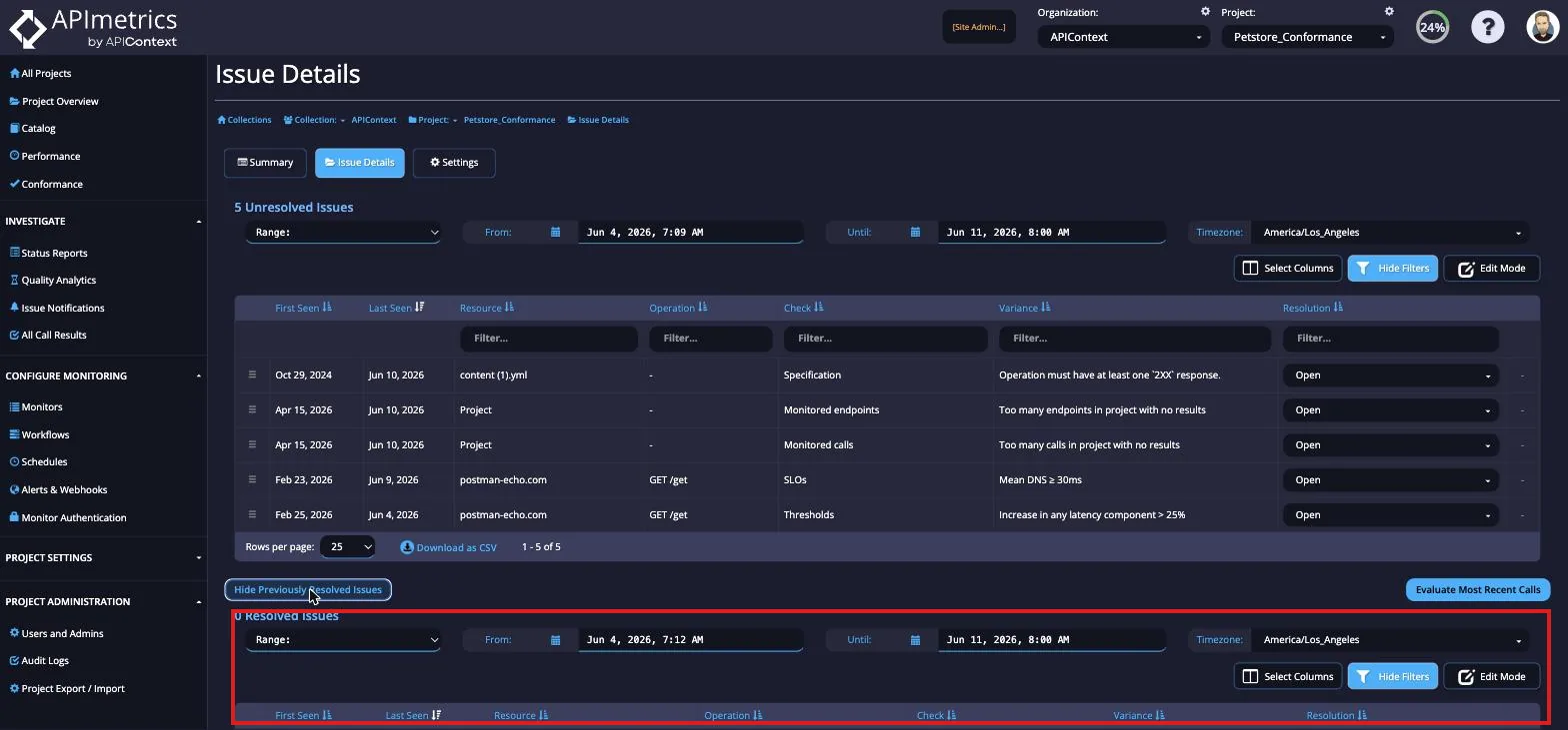 Issue Details page with a second Resolved Issues table revealed below the Unresolved Issues table