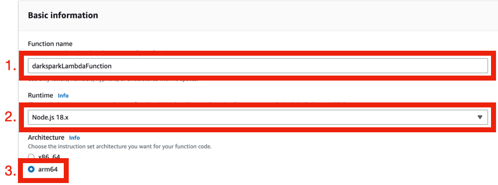 Lambda Basic information form with function name, Node.js 18.x runtime, and arm64 architecture selected