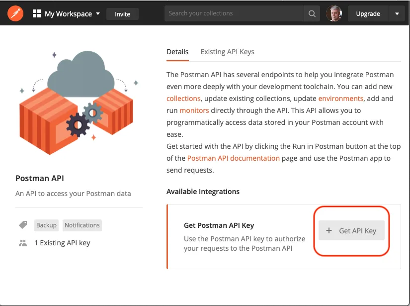 Postman API integration details page with the Get API Key button highlighted