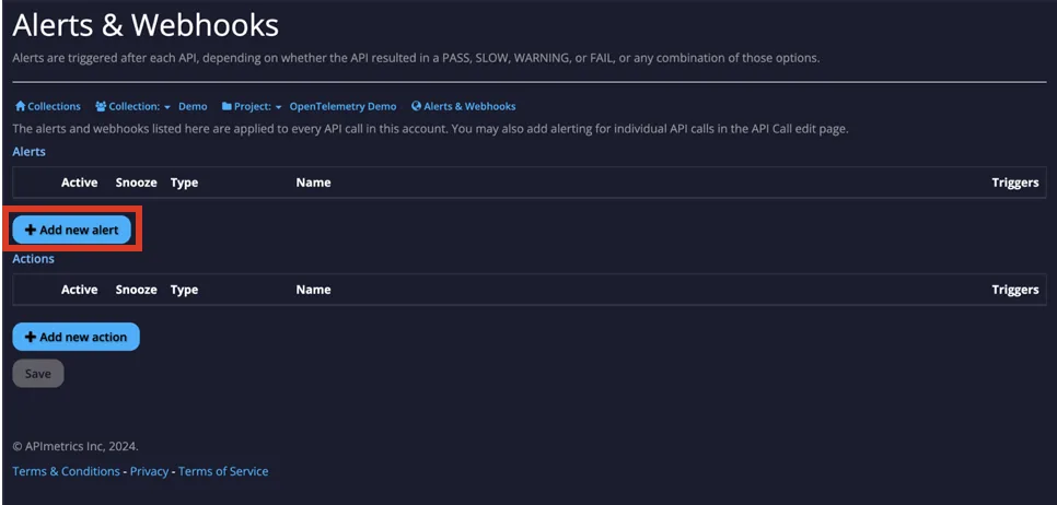 APImetrics Alerts and Webhooks screen with an empty alerts list and the Add new alert button highlighted
