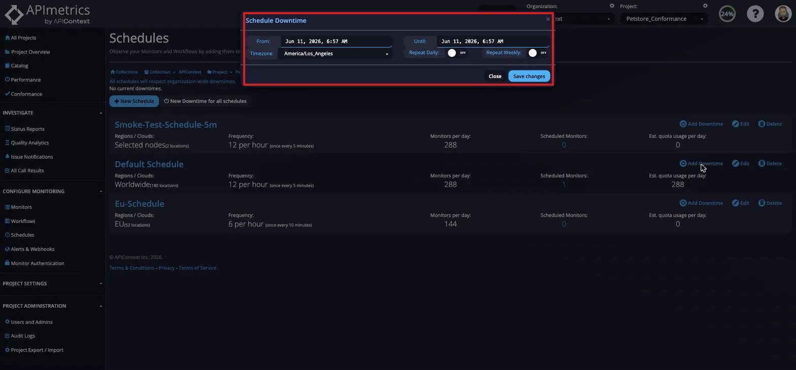 Schedule Downtime popup with From and Until date and time, timezone, and repeat daily or weekly toggles