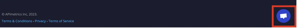 Page footer with the chat button highlighted in the bottom right-hand corner