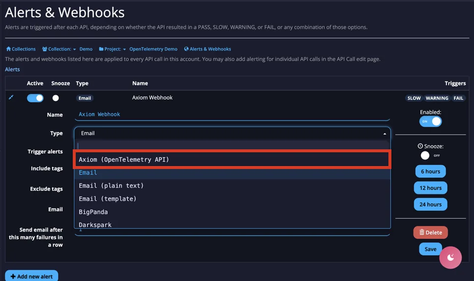 APImetrics alert editor with the Type dropdown open and Axiom (OpenTelemetry API) highlighted