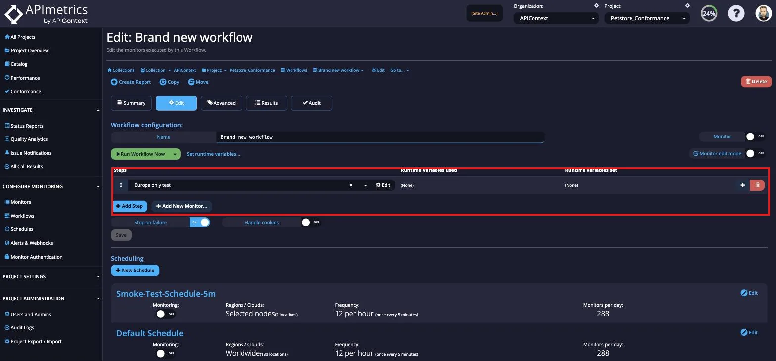 Edit Workflow page showing the steps, add and reorder controls, Run Workflow Now, and scheduling