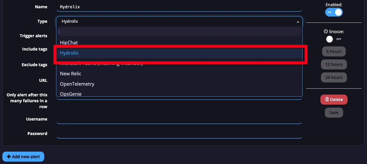 APImetrics alert editor with the Type dropdown open and Hydrolix highlighted