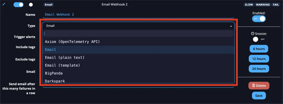 New alert with the Type dropdown open listing webhook options such as Email and Axiom