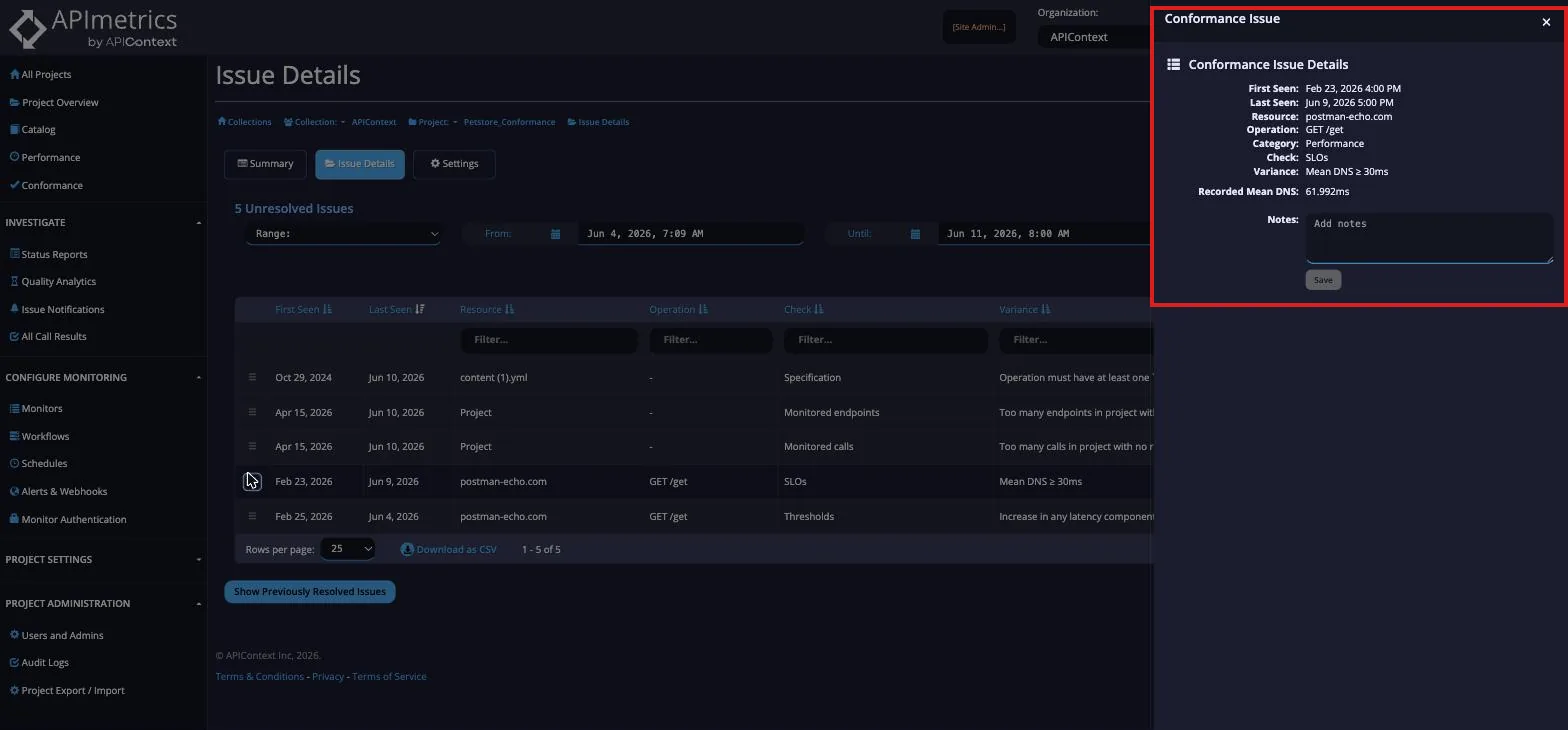 Expanded Conformance Issue Details panel showing first seen, resource, check, variance and a notes field