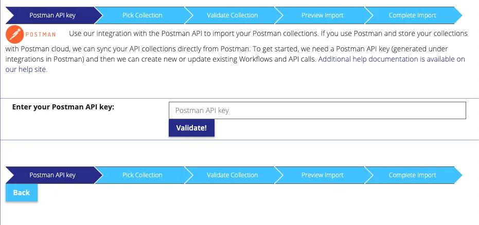 APImetrics importer step to enter your Postman API key and click Validate