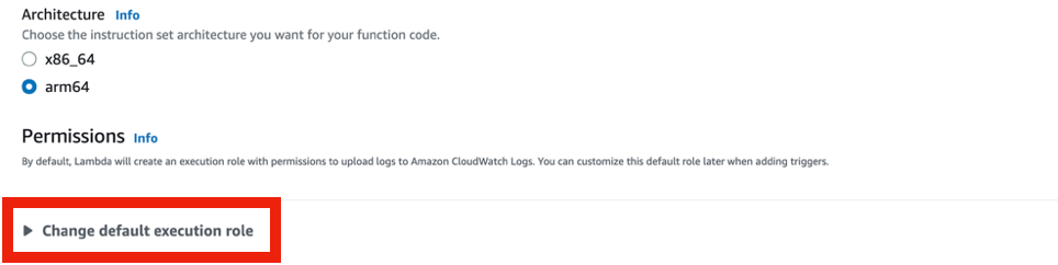Lambda Permissions section with the Change default execution role option highlighted