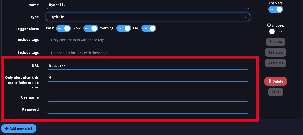APImetrics Hydrolix alert editor highlighting the URL, Username and Password fields to complete