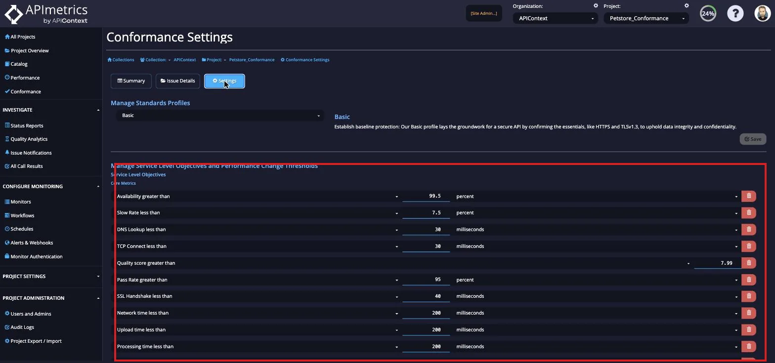 Conformance Settings page listing Service Level Objective criteria such as availability, slow rate, latency and quality score thresholds
