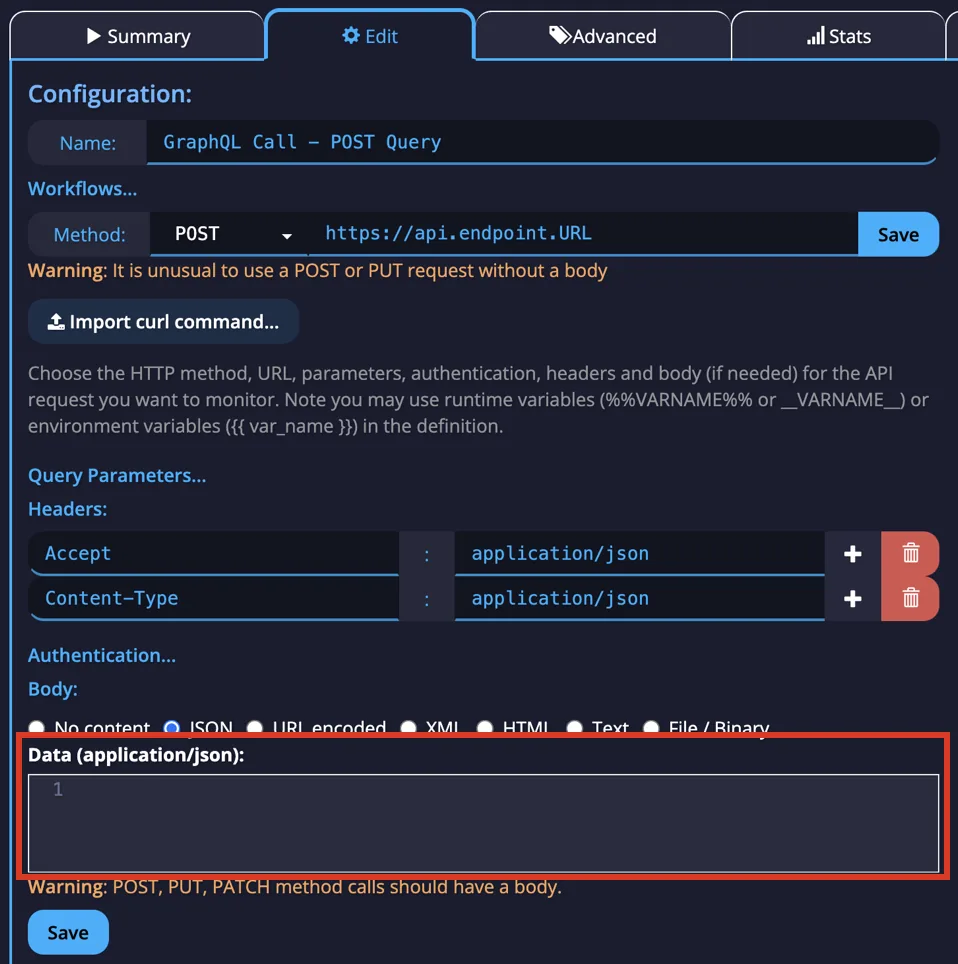 POST GraphQL monitor editor with the JSON Body data field highlighted