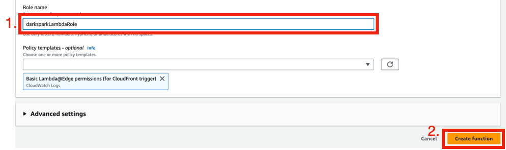Role name field filled in and the Create function button highlighted