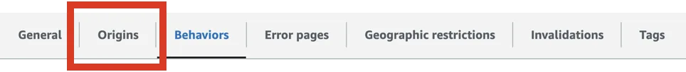 CloudFront distribution tabs with the Origins tab highlighted
