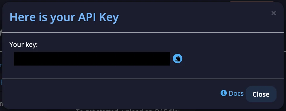 Popup showing the new API key with a copy-to-clipboard button
