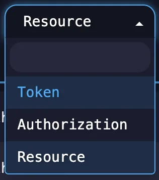 Endpoint classification dropdown open with Token, Authorization and Resource options