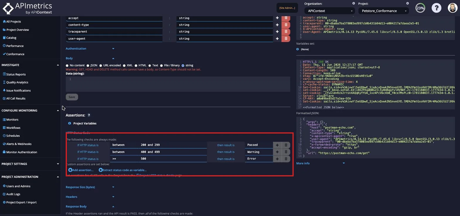 Conditions tab settings overriding HTTP status code defaults so a 500 is treated as a pass