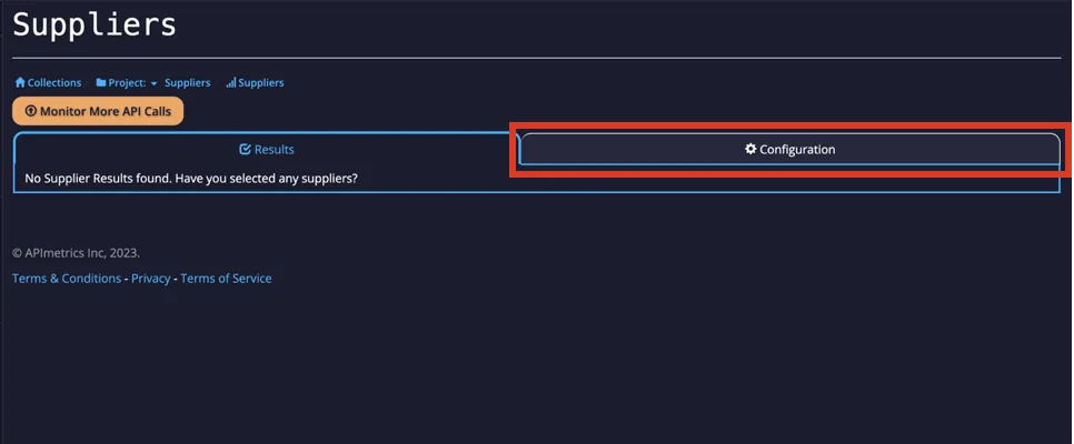 Suppliers page with the Configuration tab highlighted next to the Results tab