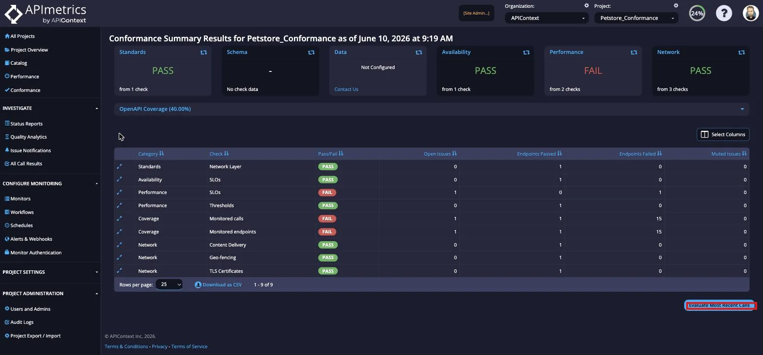 Conformance Summary results with the Evaluate Most Recent Calls button highlighted at the bottom of the page