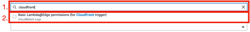 Policy templates search for cloudfront showing the Basic Lambda@Edge permissions option