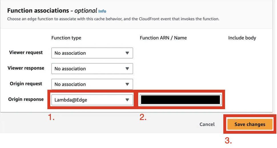 Function associations with Origin response set to Lambda@Edge, the ARN pasted, and Save changes highlighted