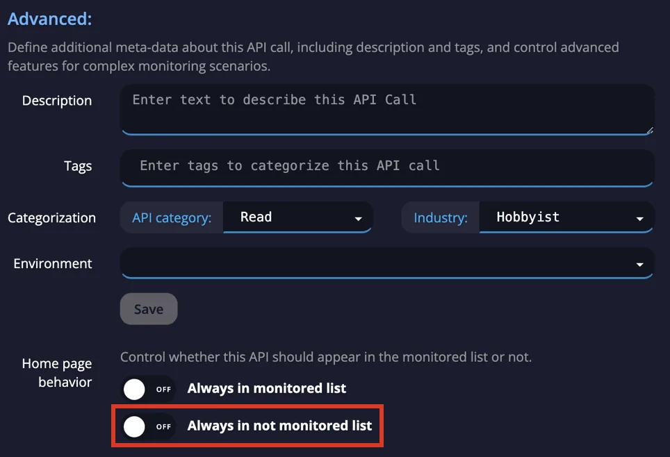 Home page behavior section of the Advanced tab with the Always in not monitored list toggle highlighted