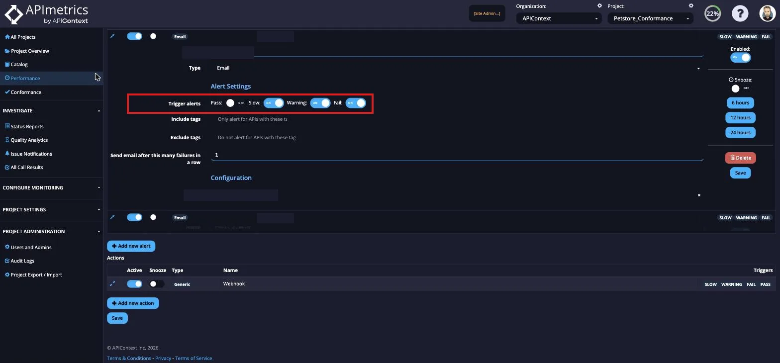 Alert Settings with the Trigger alerts toggles for Pass, Slow, Warning, and Fail highlighted