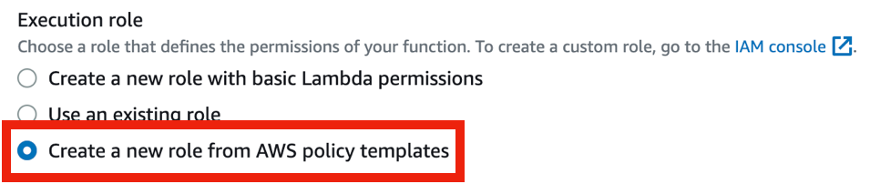 Execution role options with Create a new role from AWS policy templates selected