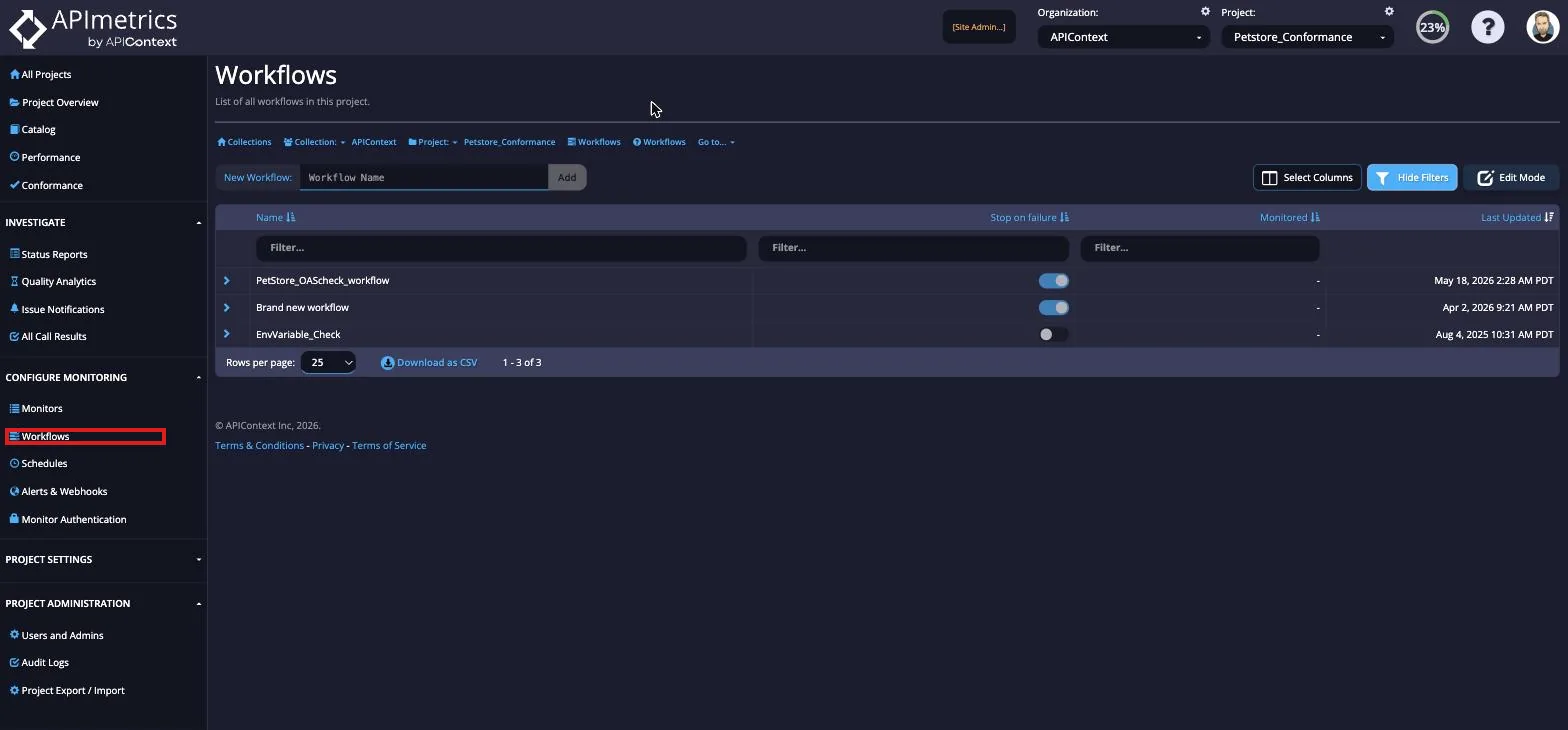 Sidebar Configure Monitoring menu with the Workflows option highlighted